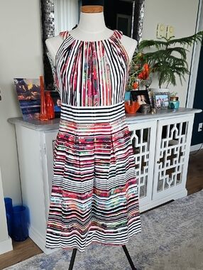 Nine West White Striped Midi Dress with Multicolor Floral Accents